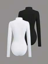 2pcs White & Black Mock Neck Zip-Front Long Sleeve Bodysuit